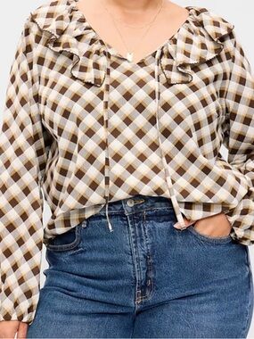 Long sleeve ruffle tie neck top. Old Navy, NWT, Size 2X, Brown plaid color